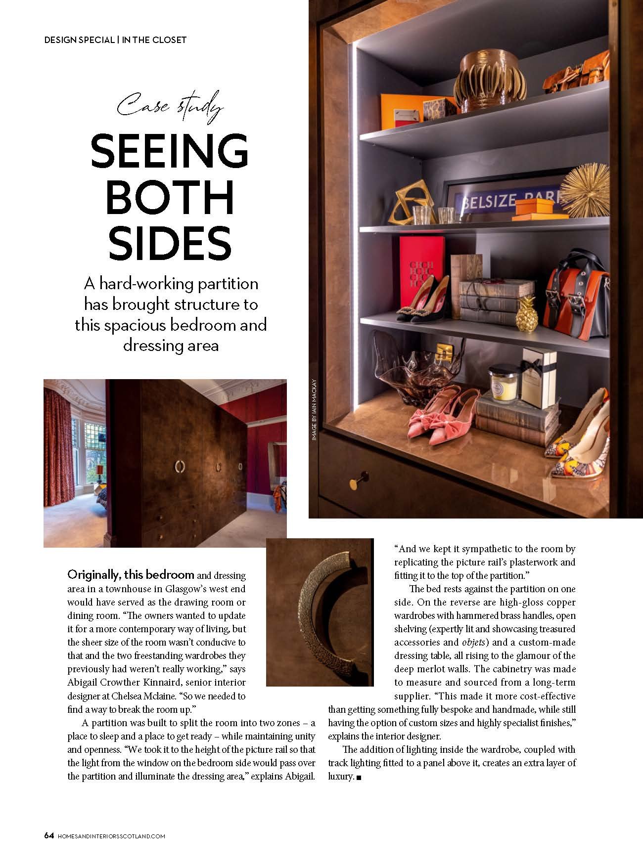 Glamorous built-in wardrobe with lit shelves showcasing designer shoes, bags, books, and stylish decor.