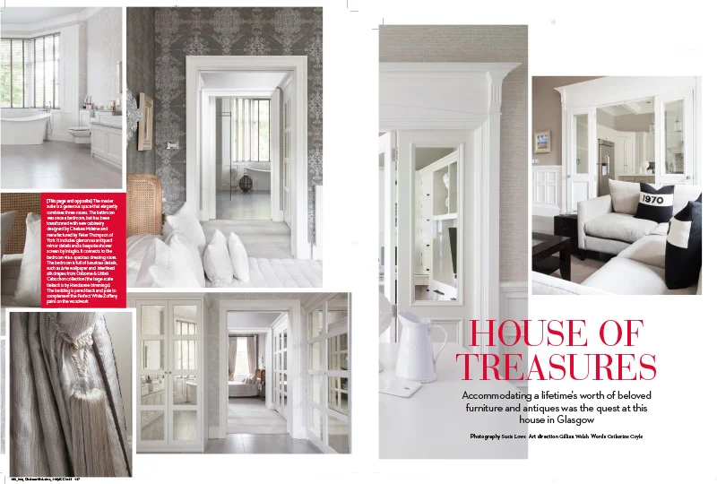 Elegant home interiors in a white & gray magazine spread, showcasing a bedroom, bathroom with tub, living room, and wardrobe.