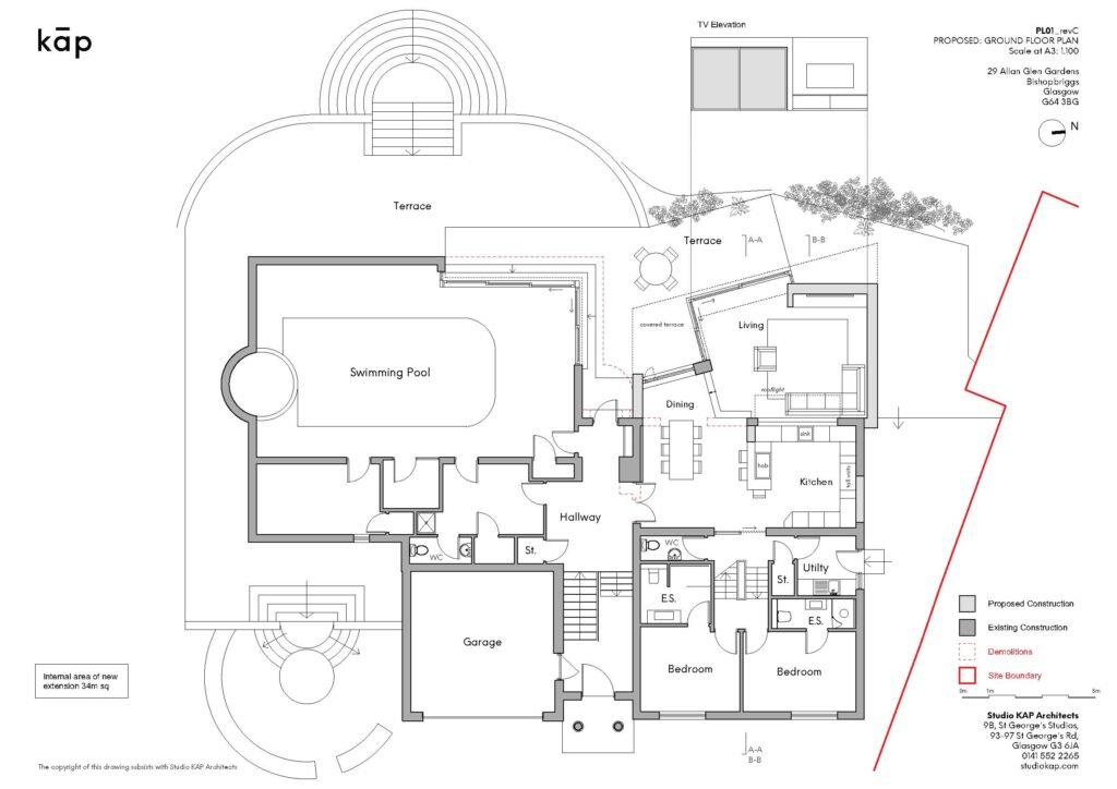 Proposed ground floor plan of a home with swimming pool, terraces, garage, living, dining, kitchen, and two bedrooms.