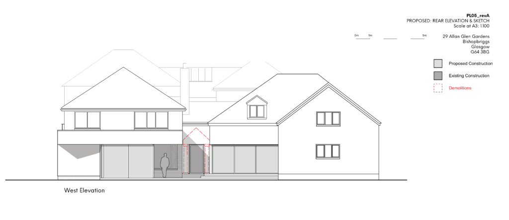 Proposed architectural sketch of a house's West elevation in Glasgow, detailing new construction and demolition plans.