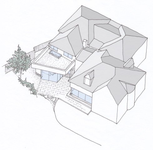 Isometric architectural drawing of a contemporary house with a flat roof extension, skylight, large windows, and outdoor paving.